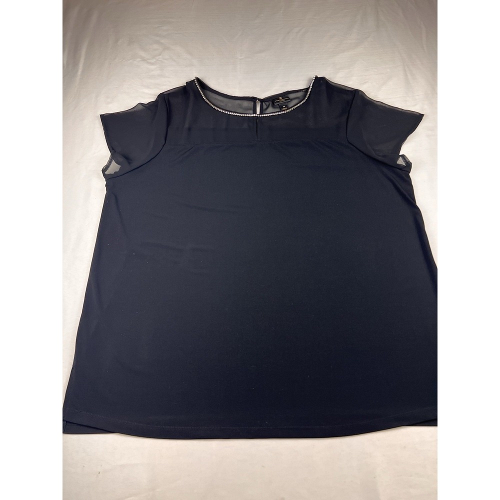 Worthington Woman Blouse Top Rhinestone Neck Sheer Office Capsule Black Plus 1X